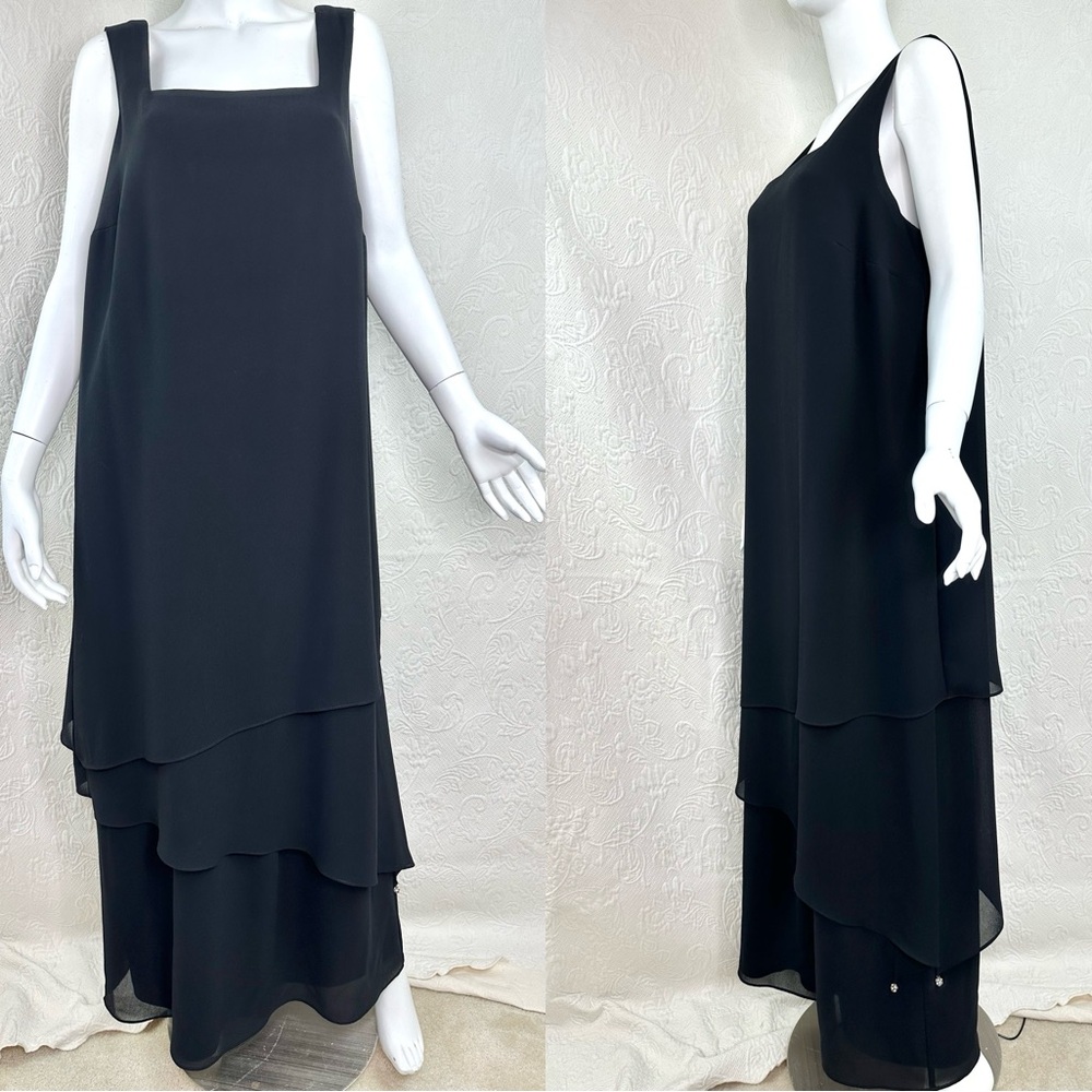 Jeffrey & Dara Evening Black Sleeveless Layered Maxi Dress w/Rhinestones